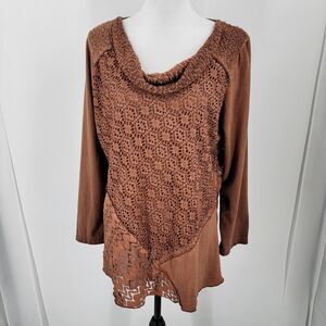 Cactus + Pearl Blouse Womens Large Cowl Neck Lace Overlay Brown Top Boho